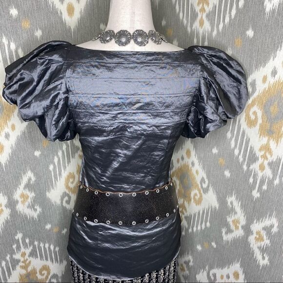 Ralph Lauren Gunmetal Pewter Metallic Pouf Sleeve Stretch Blouse - Picture 9 of 16